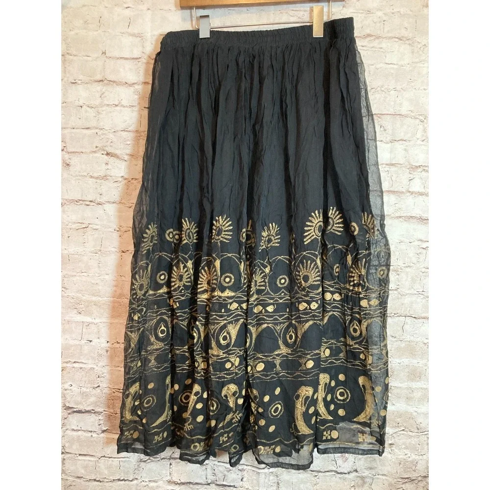Vintage Together! Skirt Womens 1X Black & Gold Organza Midi‎ Flare Pleated Plus